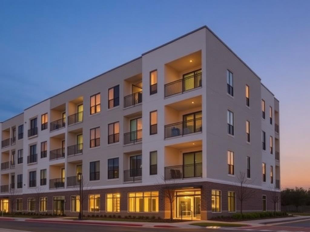 Modern multifamily building at dusk