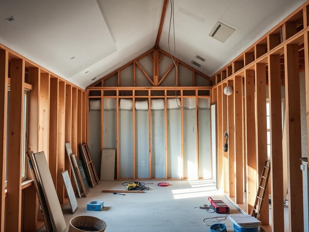 Home interior mid-renovation with exposed framing